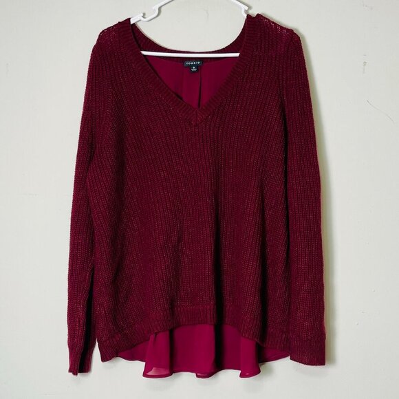 Torrid Sweater‎ Tunic Women's 0 Red V-Neck Lace-Up Back Ribbed Grandma Barn - Picture 1 of 13